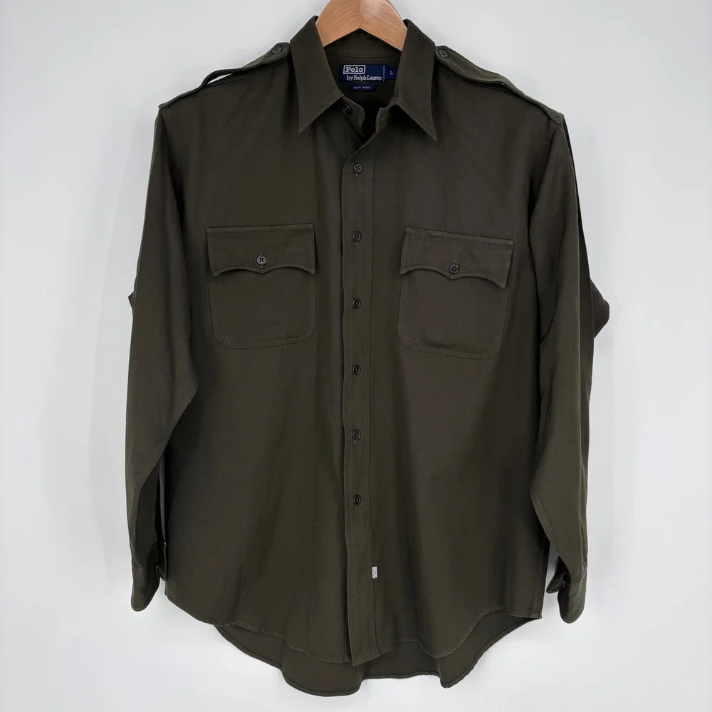 Vtg Polo Ralph Lauren Wool Field Shirt Mens L Olive Epaulettes Military Safari